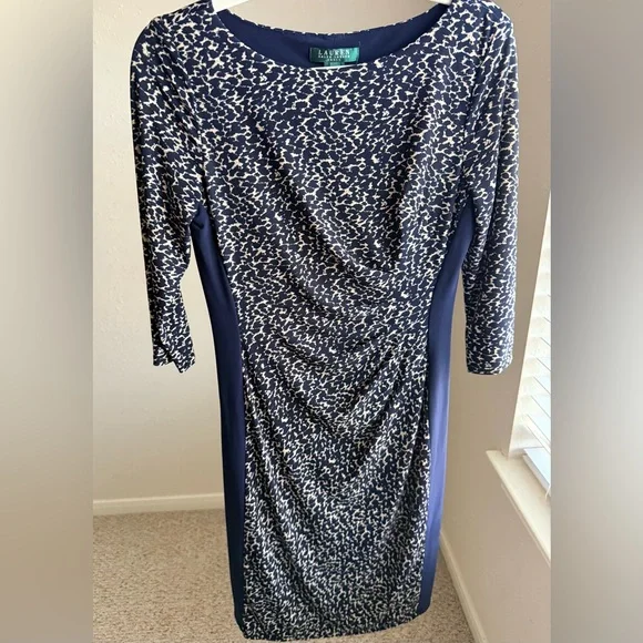 Lauren Ralph Lauren classic sheath dress in a navy & neutral abstract print S 4 - Picture 4 of 13